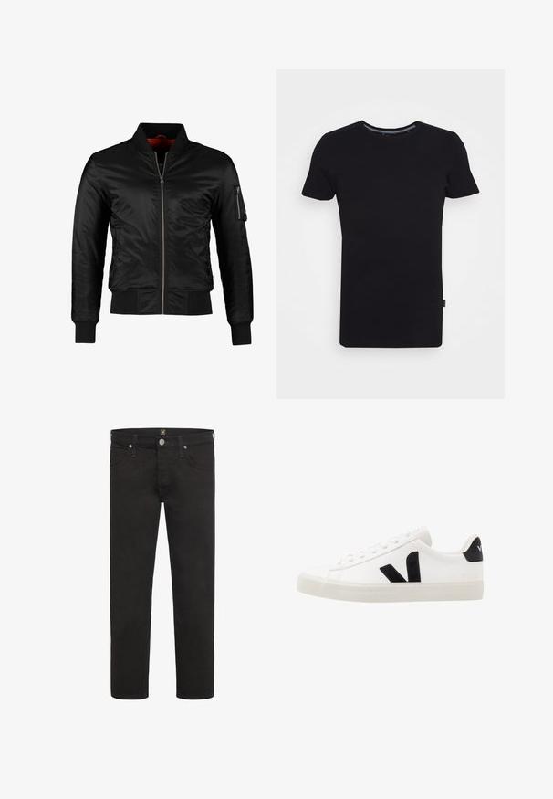 Zwarte bomberjack gemaakt van glanzend nylon met een ritssluiting aan de voorkant, ribgebreide manchetten en een ritszak op de linkermouw. De binnenkant is felrood.; Lindbergh T-shirt basic - black; Zwarte rechte jeans met knoop- en ritssluiting, voor- en achterzakken en riemlussen, van het merk Lee.; Witte leren sneaker met zwarte suède accenten; voorzien van een rubberen zool, ronde neus en een klassieke vetersluiting. Zijkant met logo in het zwart.