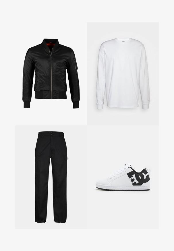 Veste bomber noire en nylon brillant avec une fermeture éclair à l'avant, des poignets côtelés et une poche zippée sur la manche gauche. L'intérieur est de couleur rouge vif.; T-shirt blanc à manches longues en coton. Design à col rond avec des poignets côtelés et un petit logo sur la manche gauche. Texture lisse.; Pantalons cargo noirs avec une coupe droite, dotés de poches latérales, d'une fermeture à bouton et de poignets élastiques aux chevilles. Fabriqués en tissu résistant.; Baskets blanches avec un dessus synthétique lisse, ornées d'accents de logo noirs et d'une semelle en caoutchouc. Design à lacets, forme de bout arrondi.