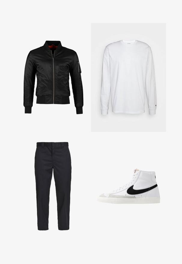 Black bomber jacket made of shiny nylon with a front zipper, ribbed cuffs, and a zippered pocket on the left sleeve. Interior is bright red.; White long-sleeved T-shirt made of cotton. Crew neck design with ribbed cuffs and a small logo on the left sleeve. Smooth texture.; Black chinos made of lightweight cotton fabric, featuring a straight-leg cut, side pockets, and a button closure at the waistband.; White high-top sneakers with a black swoosh, textured gray toe cap, and flat white sole. Features six eyelets and stitched accents.