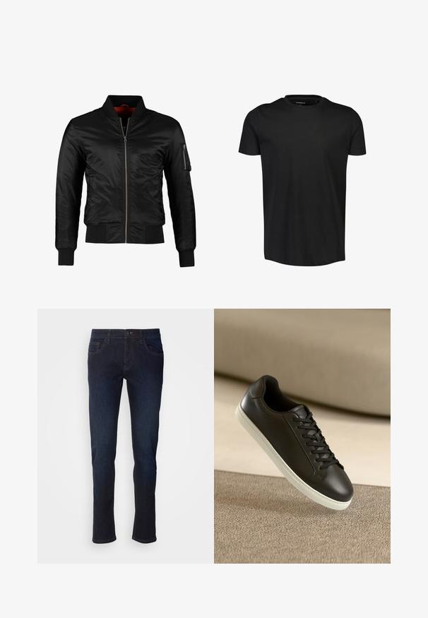 Schwarze Bomberjacke aus glänzendem Nylon mit einem Frontreißverschluss, gerippten Bündchen und einer Reißverschlusstasche am linken Ärmel. Das Innenfutter ist leuchtend rot.; Schwarzes Baumwoll-T-Shirt mit Rundhalsausschnitt, kurzen Ärmeln und geradem Schnitt. Glatte Textur, keine Muster oder Verzierungen.; Dunkelblaue Jeans aus Denim mit geradem Bein, ausgestattet mit Fronttaschen, einem Reißverschluss und dezenten Nähdetails.; Schwarzer Ledersneaker mit weißer Gummisohle und schwarzen Schnürsenkeln, platziert auf einer beigen Stoffoberfläche und im Hintergrund.
