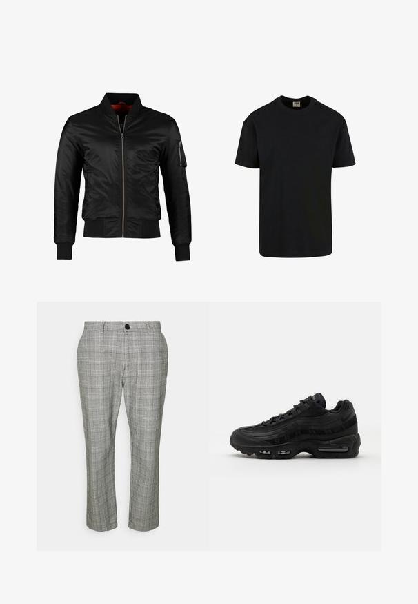 Schwarze Bomberjacke aus glänzendem Nylon mit einem Frontreißverschluss, gerippten Bündchen und einer Reißverschlusstasche am linken Ärmel. Das Innenfutter ist leuchtend rot.; Urban Classics SHORTSLEEVE - T-Shirt basic - black; Graue, karierte Hose mit taillierter Passform, ausgestattet mit einem Reißverschluss, Knopfverschluss und Seitentaschen. Der Stoff hat eine glatte Textur.; Nike Sportswear AIR MAX 95 ESSENTIAL - Sneaker low - black/dark grey