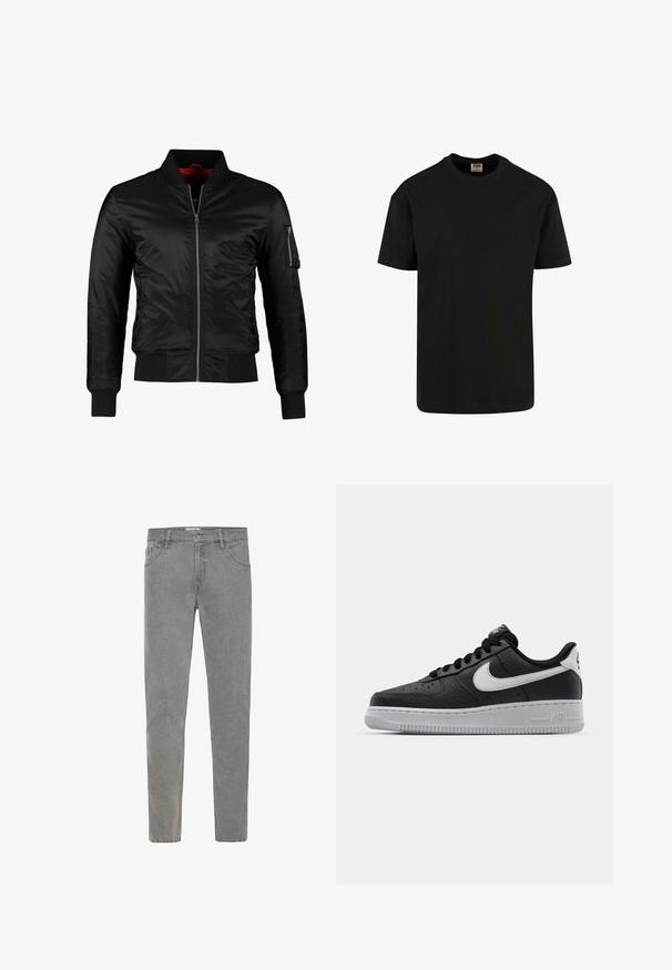 Veste bomber noire en nylon brillant avec une fermeture éclair à l'avant, des poignets côtelés et une poche zippée sur la manche gauche. L'intérieur est de couleur rouge vif.; Urban Classics SHORTSLEEVE - T-shirt basique - black; Jeans en denim gris à coupe slim, avec cinq poches, passants de ceinture et fermeture à un bouton. La texture est légèrement usée pour un look décontracté.; Baskets en cuir noir avec surface texturée, swoosh Nike blanc, semelle grise, bout rond et design à lacets. Comprend des perforations sur la boîte à orteils.