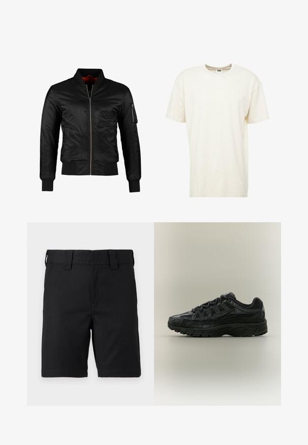 Veste bomber noire en nylon brillant avec une fermeture éclair à l'avant, des poignets côtelés et une poche zippée sur la manche gauche. L'intérieur est de couleur rouge vif.; T-shirt à manches courtes et col rond de couleur crème clair. Fabriqué en coton doux avec une coupe décontractée et des coutures minimales.; Shorts noirs mi-genoux avec passants de ceinture et poches avant, fabriqués en tissu robuste, présentés sur fond blanc.; Chaussure de course Nike noire avec tige en mesh et synthétique, fermeture à lacets et semelle texturée, vue de côté gauche sur fond uni.
