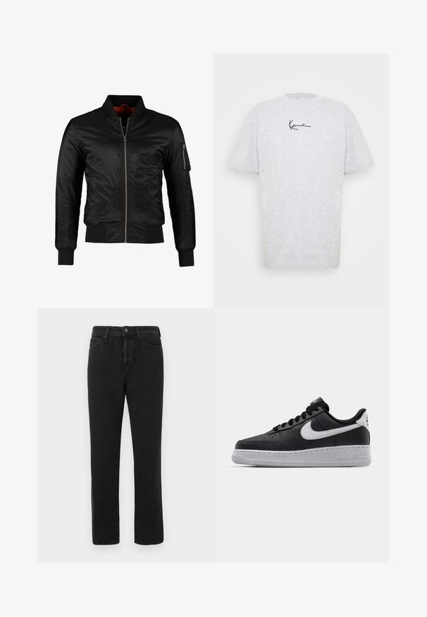 Sort bomberjakke lavet af skinnende nylon med frontlynlås, ribbede manchetter og en lynlåslomme på venstre ærme. Indersiden er lys rød.; Grå kortærmet t-shirt lavet af bomuld. Har en rund halsudskæring og et sort håndskrevet logo på fronten. Blød tekstur.; Sorte lige ben denim jeans med frontknap og lynlås, bælte løkker og fem-lomme design, vist på hvid baggrund.; Sort lædersneaker med tekstureret overflade, hvid Nike swoosh, grå sål, rund tå og snørebåndsdesign. Har perforeringer på tåboksen.