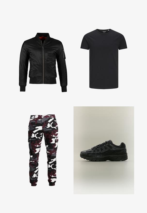 Veste bomber noire en nylon brillant avec une fermeture éclair à l'avant, des poignets côtelés et une poche zippée sur la manche gauche. L'intérieur est de couleur rouge vif.; T-shirt en coton noir avec un col rond, des manches courtes et un design simple. Texture lisse, sans motifs ni éléments visibles.; Pantalons cargo camouflage avec des motifs noir, blanc, gris et bordeaux. Matériau en coton avec des poches latérales et des poignets élastiques aux chevilles.; Chaussure de course Nike noire avec tige en mesh et synthétique, fermeture à lacets et semelle texturée, vue de côté gauche sur fond uni.