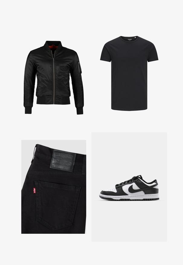 Chaqueta bomber negra hecha de nylon brillante con cierre frontal, puños acanalados y un bolsillo con cremallera en la manga izquierda. El interior es de un rojo brillante.; Camiseta de algodón negra con cuello redondo, mangas cortas y un diseño sencillo. Textura suave, sin patrones ni herrajes visibles.; Vaqueros Levi's negros mostrando el bolsillo trasero derecho con la etiqueta roja de Levi's y el parche de cuero negro de la marca con la talla W32 L.; Zapatillas Nike Dunk en blanco y negro con parte superior de cuero, puntera perforada, cordones negros y suela de goma negra con diseño de tracción.