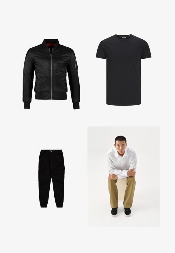 Schwarze Bomberjacke aus glänzendem Nylon mit einem Frontreißverschluss, gerippten Bündchen und einer Reißverschlusstasche am linken Ärmel. Das Innenfutter ist leuchtend rot.; Schwarzes Baumwoll-T-Shirt mit Rundhalsausschnitt, kurzen Ärmeln und schlichtem Design. Glatte Textur, keine Muster oder sichtbare Beschläge.; Schwarze Cargo-Hosen aus Baumwolle, ausgestattet mit zwei Fronttaschen und zwei seitlichen Cargo-Taschen, mit elastischen Bündchen und einem elastischen Bund.; Junger Mann in weiß gestreiftem Hemd und khakifarbener Hose sitzt nach vorne gelehnt auf einem Hocker mit verschränkten Armen und schaut direkt geradeaus vor weißem Hintergrund.
