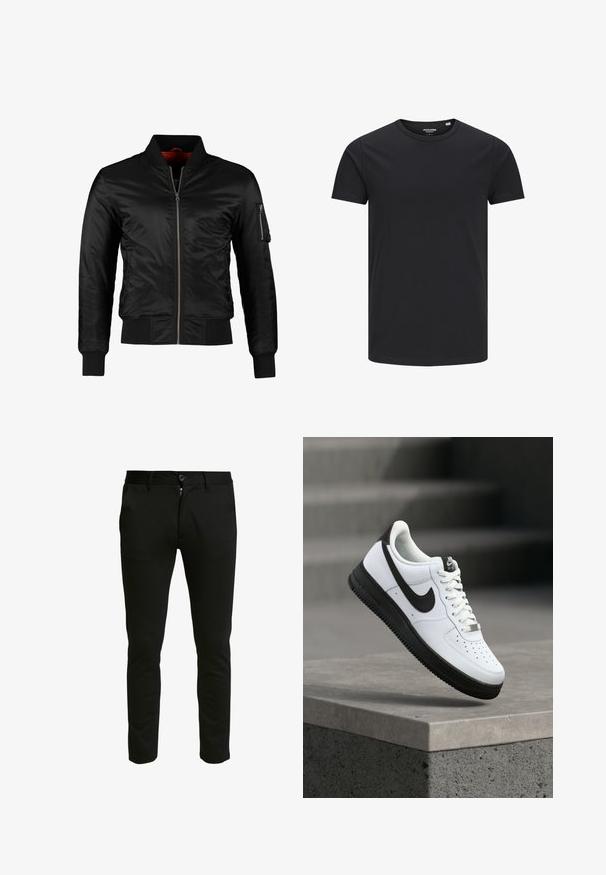 Schwarze Bomberjacke aus glänzendem Nylon mit einem Frontreißverschluss, gerippten Bündchen und einer Reißverschlusstasche am linken Ärmel. Das Innenfutter ist leuchtend rot.; Schwarzes Baumwoll-T-Shirt mit Rundhalsausschnitt, kurzen Ärmeln und schlichtem Design. Glatte Textur, keine Muster oder sichtbare Beschläge.; Schwarze, taillierte Hose aus einem weichen Stoff. Mit einem Reißverschluss und einem Knopfverschluss, zwei Eingrifftaschen und einer sauberen, glatten Oberfläche.; Weißer Ledersneaker mit schwarzen Akzenten, abgerundetem Zehenbereich und perforierten Details. Schwarze Gummisohle mit strukturiertem Muster und Schnürverschluss.
