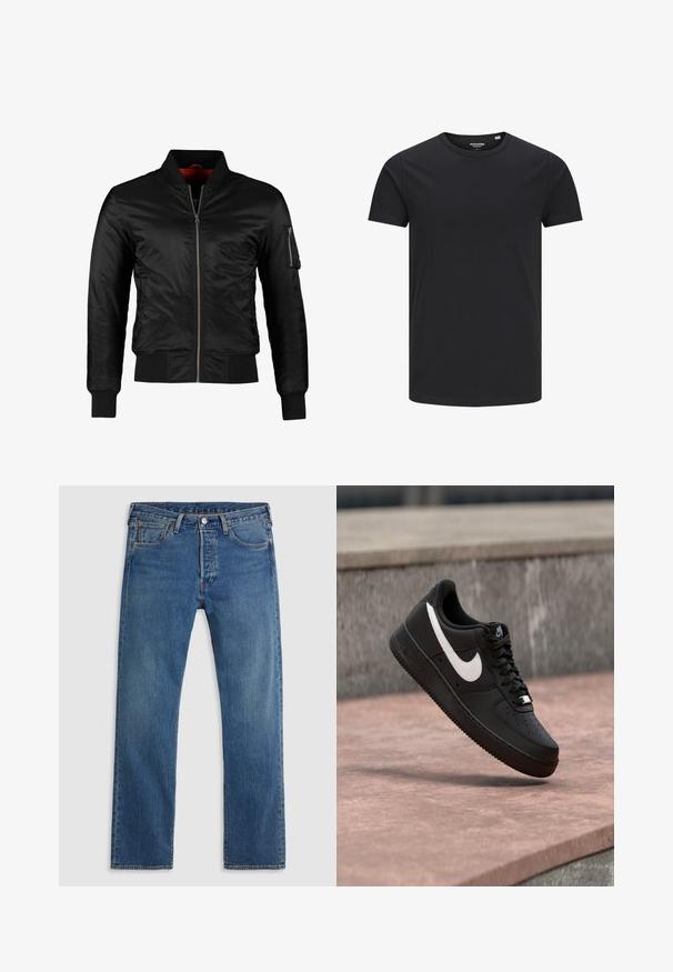 Schwarze Bomberjacke aus glänzendem Nylon mit einem Frontreißverschluss, gerippten Bündchen und einer Reißverschlusstasche am linken Ärmel. Das Innenfutter ist leuchtend rot.; Schwarzes Baumwoll-T-Shirt mit Rundhalsausschnitt, kurzen Ärmeln und schlichtem Design. Glatte Textur, keine Muster oder sichtbare Beschläge.; Blaue geradlinige Jeans aus Denim mit fünf Taschen, Gürtelschlaufen sowie einem Verschluss mit Knopf und Reißverschluss auf einem schlichten Hintergrund.; Schwarzer Nike Air Force 1 Sneaker mit weißem Swoosh-Logo, der über einer Steinformation schwebt, vor einem grauen strukturierten Hintergrund.