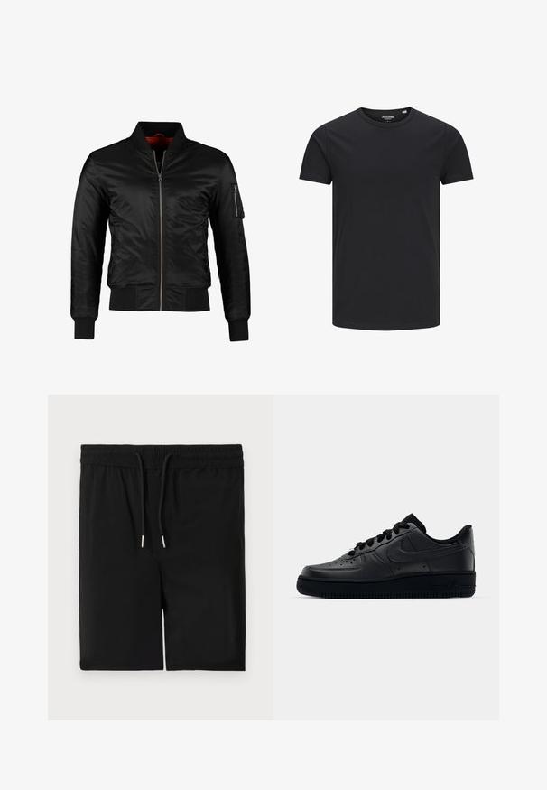 Veste bomber noire en nylon brillant avec une fermeture éclair à l'avant, des poignets côtelés et une poche zippée sur la manche gauche. L'intérieur est de couleur rouge vif.; T-shirt en coton noir avec un col rond, des manches courtes et un design simple. Texture lisse, sans motifs ni éléments visibles.; Shorts noirs en tissu doux, dotés d'une taille élastique avec cordon de serrage et d'une texture lisse. Pas de poches ni d'embellissements supplémentaires.; Baskets Nike Air Force 1 noires avec un dessus en cuir lisse, bout perforé pour la respirabilité, lacets noirs et semelle en caoutchouc texturé.