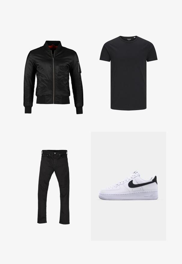 Sort bomberjakke lavet af skinnende nylon med frontlynlås, ribbede manchetter og en lynlåslomme på venstre ærme. Indersiden er lys rød.; Sort bomulds T-shirt med rund hals, korte ærmer og et enkelt design. Glat tekstur, ingen mønstre eller synligt tilbehør.; Sorte denim jeans med lige ben-design, fem-lomme stil og metalknaplukning. Glat tekstur og ensartet farve hele vejen igennem.; Hvide lædersneakers med en struktureret sort Swoosh, flade snørebånd og en gummisål med et rillemønster. "AIR" er præget på hælen.