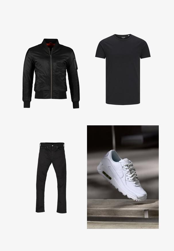 Schwarze Bomberjacke aus glänzendem Nylon mit einem Frontreißverschluss, gerippten Bündchen und einer Reißverschlusstasche am linken Ärmel. Das Innenfutter ist leuchtend rot.; Schwarzes Baumwoll-T-Shirt mit Rundhalsausschnitt, kurzen Ärmeln und schlichtem Design. Glatte Textur, keine Muster oder sichtbare Beschläge.; Schwarze Denim-Jeans mit geradem Bein, im Fünf-Taschen-Stil und mit Metallknopfverschluss. Glatte Textur und einheitliche Farbe im gesamten Material.; Weiße Lederturnschuhe mit strukturierten Oberflächen, gepolstertem Kragen und sichtbarer Luftpolsterung in der Sohle. Verfügt über Schnürsenkel und ein minimalistisches Design.