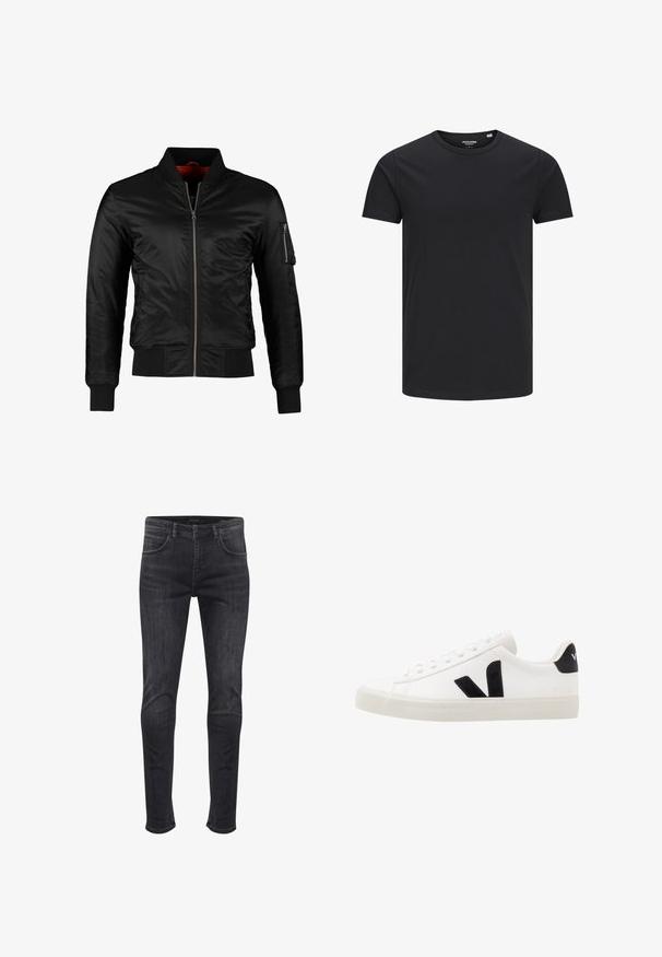 Veste bomber noire en nylon brillant avec une fermeture éclair à l'avant, des poignets côtelés et une poche zippée sur la manche gauche. L'intérieur est de couleur rouge vif.; T-shirt en coton noir avec un col rond, des manches courtes et un design simple. Texture lisse, sans motifs ni éléments visibles.; Jeans skinny-fit en denim gris foncé, avec poches latérales et arrière, une fermeture à bouton à l'avant, et des détails de décoloration subtils.; Sneaker blanche en cuir avec des accents en daim noir ; dispose d'une semelle en caoutchouc, d'un bout rond et d'un design classique à lacets. Logo latéral en noir.