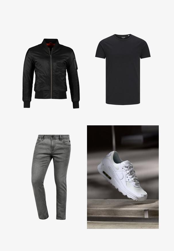 Sort bomberjakke lavet af skinnende nylon med frontlynlås, ribbede manchetter og en lynlåslomme på venstre ærme. Indersiden er lys rød.; Sort bomulds T-shirt med rund hals, korte ærmer og et enkelt design. Glat tekstur, ingen mønstre eller synligt tilbehør.; Grå denim jeans med slim fit, der har fem lommer, en knaplukning og diskrete syninger. Blød tekstur og enkelt design.; Hvide Nike Air Max 90 sneakers med en overdel i mesh og læder, perforeret tåboks og en synlig luftenhed i hælen.