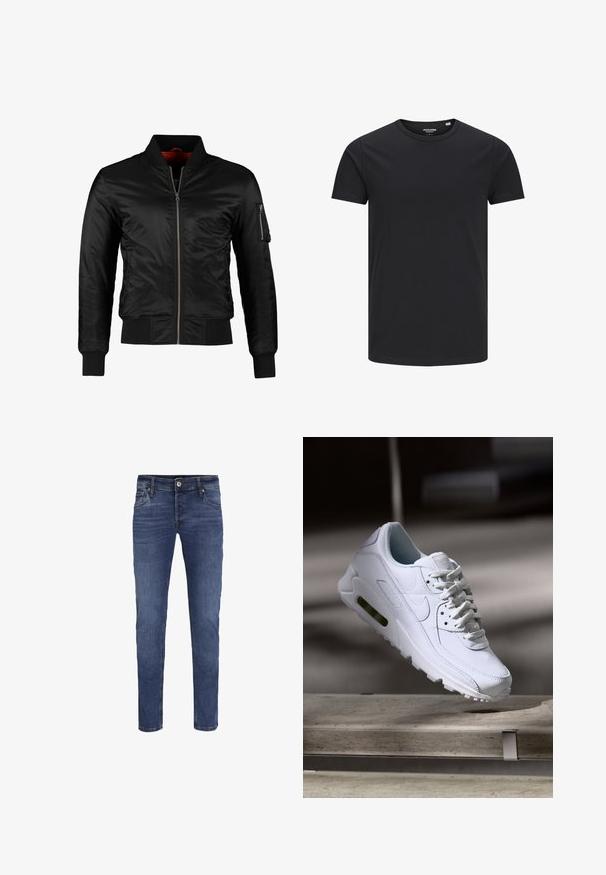 Sort bomberjakke lavet af skinnende nylon med frontlynlås, ribbede manchetter og en lynlåslomme på venstre ærme. Indersiden er lys rød.; Sort bomulds T-shirt med rund hals, korte ærmer og et enkelt design. Glat tekstur, ingen mønstre eller synligt tilbehør.; Slim-fit blå denim jeans til mænd med knap- og lynlåslukning, for- og baglommer samt subtile blege detaljer.; Hvide lædersneakers med teksturerede overflader, polstret krave og synlig luftpolstring i sålen. Har snørrebånd og et minimalistisk design.