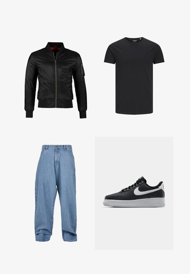 Schwarze Bomberjacke aus glänzendem Nylon mit einem Frontreißverschluss, gerippten Bündchen und einer Reißverschlusstasche am linken Ärmel. Das Innenfutter ist leuchtend rot.; Schwarzes Baumwoll-T-Shirt mit Rundhalsausschnitt, kurzen Ärmeln und schlichtem Design. Glatte Textur, keine Muster oder sichtbare Beschläge.; Hellblaue Jeanshosen mit lockerem Schnitt, Knopfverschluss, frontalen Taschen und umgeschlagenem Saum, ausgestattet mit einem klassischen Fünf-Taschen-Design.; Schwarze Ledersneaker mit strukturierten Oberflächen, weißem Nike-Swoosh, grauer Sohle, runder Zehenpartie und Schnürdesign. Verfügt über Perforationen an der Zehenbox.