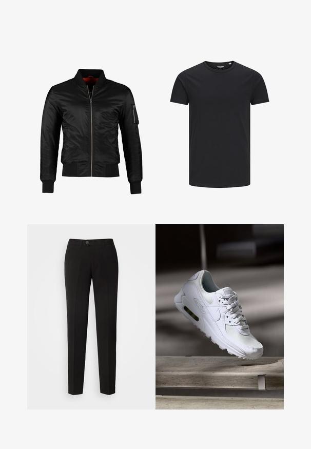 Chaqueta bomber negra hecha de nylon brillante con cierre frontal, puños acanalados y un bolsillo con cremallera en la manga izquierda. El interior es de un rojo brillante.; Camiseta de algodón negra con cuello redondo, mangas cortas y un diseño sencillo. Textura suave, sin patrones ni herrajes visibles.; Pantalones rectos negros de tejido suave, con cierre de botón y bolsillos laterales con un diseño clásico.; Zapatilla Nike Air Max 90 blanca con parte superior de malla y cuero, caja de puntera perforada y unidad de aire visible en el talón.