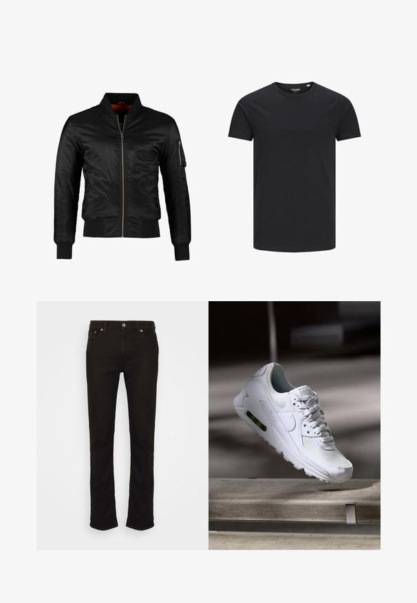 Sort bomberjakke lavet af skinnende nylon med frontlynlås, ribbede manchetter og en lynlåslomme på venstre ærme. Indersiden er lys rød.; Sort bomulds T-shirt med rund hals, korte ærmer og et enkelt design. Glat tekstur, ingen mønstre eller synligt tilbehør.; Sorte denim jeans med lige ben, der har et klassisk fem-lomme design, metal knaplukning og diskrete syninger.; Hvide Nike Air Max 90 sneakers med en overdel i mesh og læder, perforeret tåboks og en synlig luftenhed i hælen.