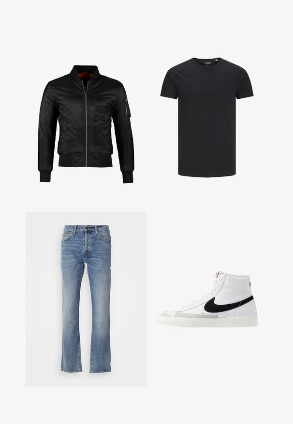 Schwarze Bomberjacke aus glänzendem Nylon mit einem Frontreißverschluss, gerippten Bündchen und einer Reißverschlusstasche am linken Ärmel. Das Innenfutter ist leuchtend rot.; Schwarzes Baumwoll-T-Shirt mit Rundhalsausschnitt, kurzen Ärmeln und schlichtem Design. Glatte Textur, keine Muster oder sichtbare Beschläge.; Hellblaue Denim-Jeans mit geradem Bein, fünf Taschen und einem kleinen Metallknopf am Bund. Ausfransender Saum.; Weiße High-Top-Sneaker mit einem schwarzen Swoosh, strukturiertem grauen Zehenkappeneinsatz und flacher weißer Sohle. Verfügt über sechs Ösen und genähte Akzente.