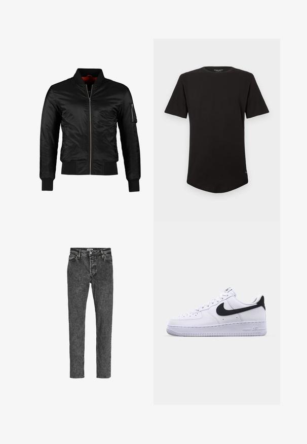 Schwarze Bomberjacke aus glänzendem Nylon mit einem Frontreißverschluss, gerippten Bündchen und einer Reißverschlusstasche am linken Ärmel. Das Innenfutter ist leuchtend rot.; Schwarzes T-Shirt mit kurzen Ärmeln, Rundhalsausschnitt und abgerundetem Saum sowie einem kleinen Logotag nahe der Seitennaht.; Jack & Jones Relaxed Fit JJICHRIS JJORIGINAL SQ 734 - Jeans Tapered Fit - black denim; Weißes Leder-Sneaker mit einem strukturierten schwarzen Swoosh, flachen Schnürsenkeln und einer Gummisohle mit genoppetem Muster. "AIR" ist auf der Ferse eingeprägt.