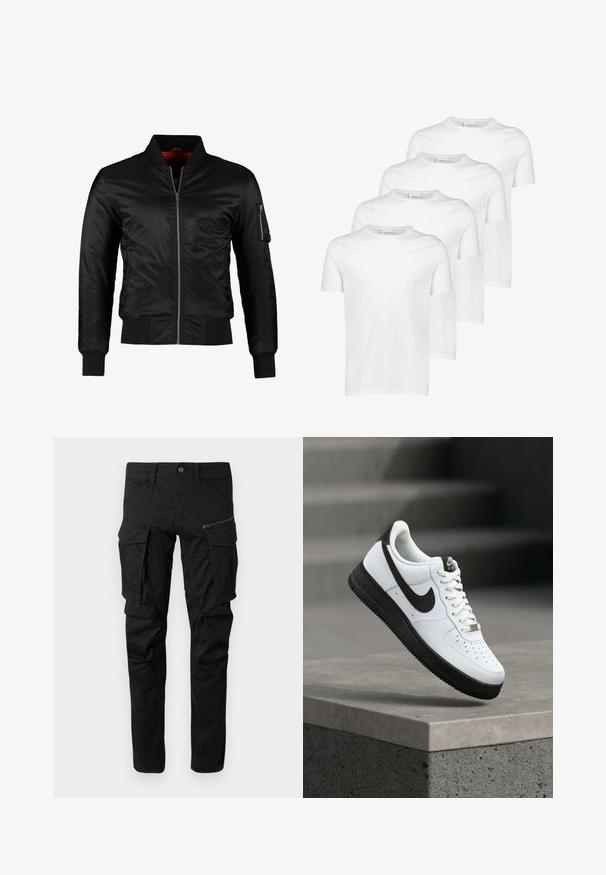 Chaqueta bomber negra hecha de nylon brillante con cierre frontal, puños acanalados y un bolsillo con cremallera en la manga izquierda. El interior es de un rojo brillante.; Camisetas de algodón blancas, de manga corta, con cuello redondo, textura suave, cuatro piezas apiladas con diseño consistente y sin patrones ni acentos.; Pantalones cargo negros de tela duradera, con múltiples bolsillos laterales, un bolsillo con cremallera, perneras ajustadas y costuras reforzadas.; Zapatilla deportiva de cuero blanco con detalles en negro, punta redondeada y detalles perforados. Suela de goma negra con patrón texturizado y cierre de cordones.