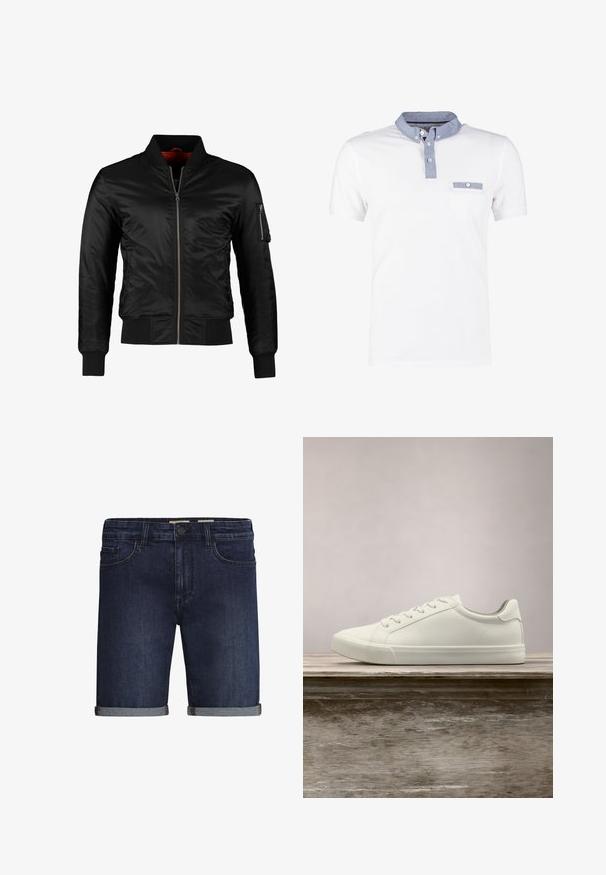 Schwarze Bomberjacke aus glänzendem Nylon mit einem Frontreißverschluss, gerippten Bündchen und einer Reißverschlusstasche am linken Ärmel. Das Innenfutter ist leuchtend rot.; Weißes Poloshirt mit einem Denim-Kragen, ausgestattet mit einer geknöpften Knopfleiste und einer Brusttasche. Kurze Ärmel mit einer glatten, weichen Textur.; Dunkelblaue Denim-Shorts mit klassischem Fünf-Taschen-Design, umgeschlagenem Saum und Knopfverschluss. Glatte Textur.; Weiße Schnürsneaker, die über einer Holzbank mit grünem Laub im Hintergrund schweben und das Schuhdesign sowie die Textur zeigen.