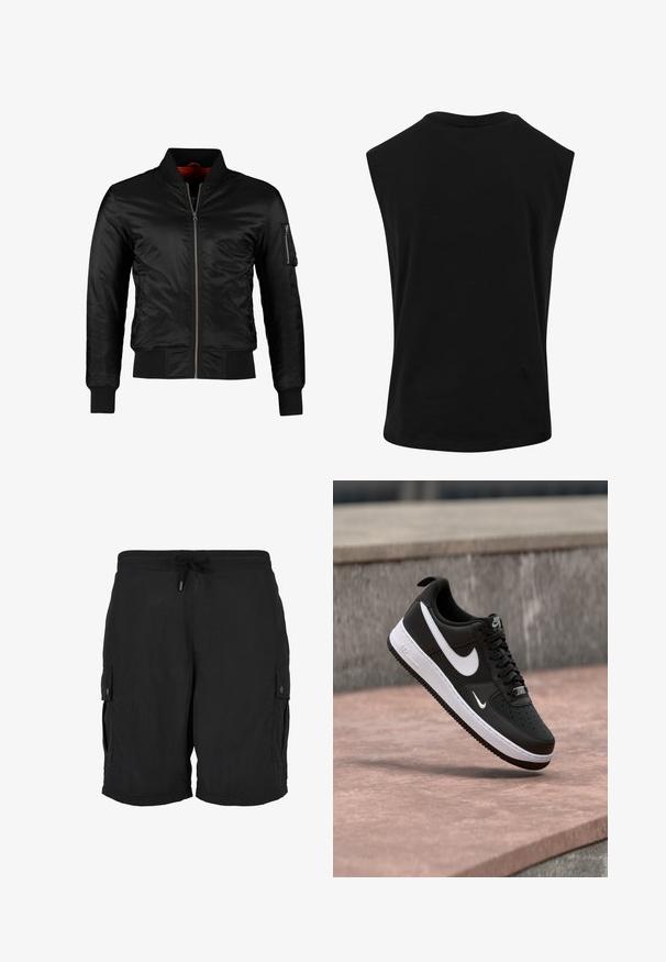 Sort bomberjakke lavet af skinnende nylon med frontlynlås, ribbede manchetter og en lynlåslomme på venstre ærme. Indersiden er lys rød.; Sort ærmeløs top lavet af glat, let materiale med rund halsudskæring og afslappet pasform. Ingen synlige mønstre eller detaljer.; Sorte cargoshorts med elastisk talje, justerbar snøre og knaplukning på sidelommerne.; Sort-hvid Nike Air Force 1 sneaker svævende over en lyserød betonflade med en grå stenbaggrund.