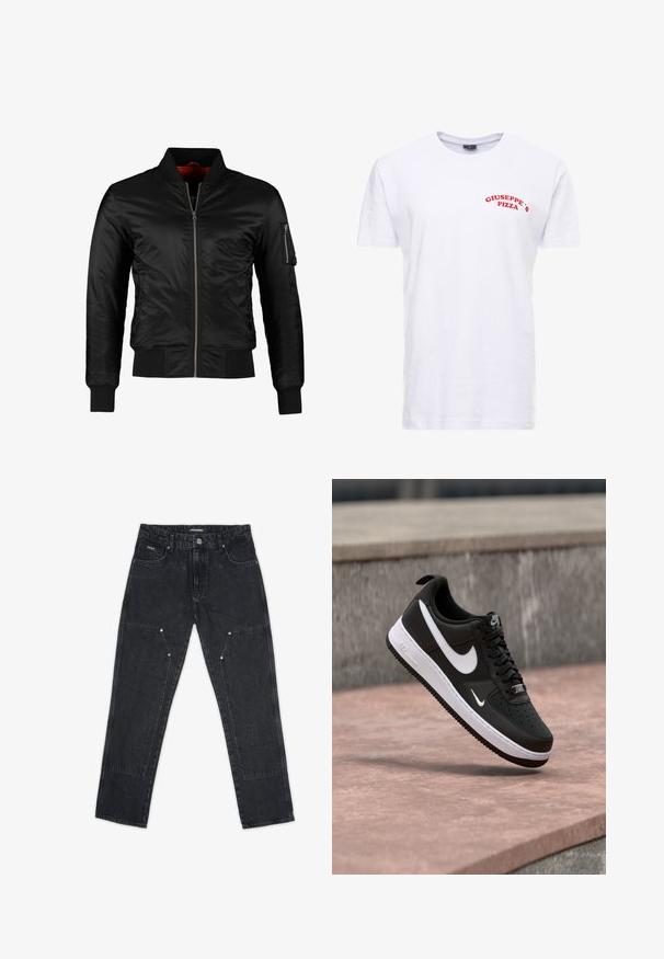 Schwarze Bomberjacke aus glänzendem Nylon mit einem Frontreißverschluss, gerippten Bündchen und einer Reißverschlusstasche am linken Ärmel. Das Innenfutter ist leuchtend rot.; Weißes Baumwoll-T-Shirt mit kurzen Ärmeln, mit rotem Text "GIUSEPPE'S PIZZA" auf der linken Brustseite bedruckt. Einfaches Design, klassischer Schnitt.; Pegador VINTO CARPENTER - Carpenter Jeans - washed black; Schwarz-weißer Nike Air Force 1 Sneaker, der über einer rosa Betonfläche mit grauem Stein-Hintergrund schwebt.