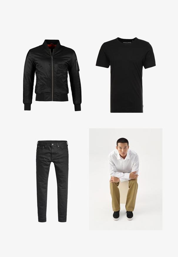 Schwarze Bomberjacke aus glänzendem Nylon mit einem Frontreißverschluss, gerippten Bündchen und einer Reißverschlusstasche am linken Ärmel. Das Innenfutter ist leuchtend rot.; Schwarzes T-Shirt mit kurzen Ärmeln aus Baumwolle, mit einem Rundhalsausschnitt und einem dezenten Logo-Tag an der Seite. Einfaches und vielseitiges Design.; Schwarze Slim-Fit-Jeans mit Fronttaschen, Gürtelschlaufen und einer Knopfverschluss, vor einem weißen Hintergrund präsentiert.; Junger Mann in weiß gestreiftem Hemd und khakifarbener Hose sitzt nach vorne gelehnt auf einem Hocker mit verschränkten Armen und schaut direkt geradeaus vor weißem Hintergrund.