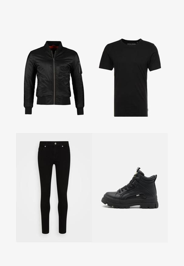 Schwarze Bomberjacke aus glänzendem Nylon mit einem Frontreißverschluss, gerippten Bündchen und einer Reißverschlusstasche am linken Ärmel. Das Innenfutter ist leuchtend rot.; Schwarzes T-Shirt mit kurzen Ärmeln aus Baumwolle, mit einem Rundhalsausschnitt und einem dezenten Logo-Tag an der Seite. Einfaches und vielseitiges Design.; Schwarze Skinny-Jeans mit glatter Textur, Fünf-Taschen-Design, vorderer Knopfverschluss und schlankem Schnitt. Minimalistischer Stil ohne sichtbare Muster.; Schwarze hoch geschnittene Schuhe aus strukturiertem Leder, mit einer dicken Gummisohle, Schnürung vorne und einem kleinen Logodetail an der Seite.