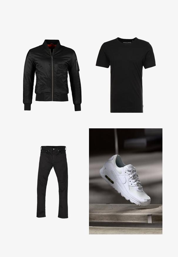 Sort bomberjakke lavet af skinnende nylon med frontlynlås, ribbede manchetter og en lynlåslomme på venstre ærme. Indersiden er lys rød.; Sort t-shirt med korte ærmer lavet af bomuld, med rund hals og en diskret logoetiket på siden. Simpelt og alsidigt design.; Sorte denim jeans med lige ben-design, fem-lomme stil og metalknaplukning. Glat tekstur og ensartet farve hele vejen igennem.; Hvide Nike Air Max 90 sneakers med en overdel i mesh og læder, perforeret tåboks og en synlig luftenhed i hælen.