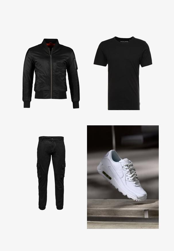 Veste bomber noire en nylon brillant avec une fermeture éclair à l'avant, des poignets côtelés et une poche zippée sur la manche gauche. L'intérieur est de couleur rouge vif.; T-shirt noir à manches courtes en coton, avec un col rond et une étiquette logo discrète sur le côté. Design simple et polyvalent.; Pantalon cargo noir avec poches à rabat latérales, poignets élastiques, fermeture frontale par bouton et fermeture éclair.; Baskets blanches en cuir avec des surfaces texturées, un col rembourré et un amorti d'air visible dans la semelle. Elles possèdent des lacets et un design minimaliste.