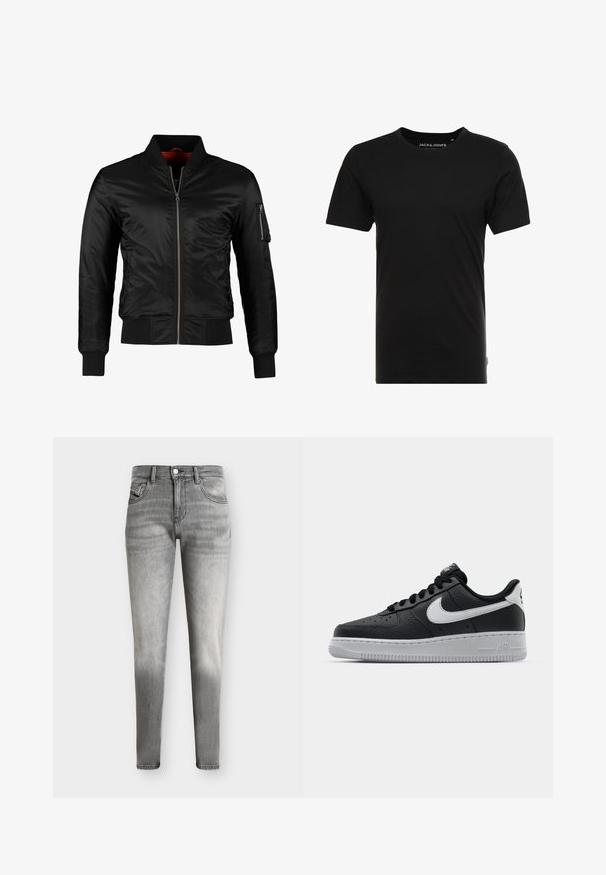 Veste bomber noire en nylon brillant avec une fermeture éclair à l'avant, des poignets côtelés et une poche zippée sur la manche gauche. L'intérieur est de couleur rouge vif.; T-shirt noir à manches courtes en coton, avec un col rond et une étiquette logo discrète sur le côté. Design simple et polyvalent.; Jean slim gris délavé avec un design à cinq poches et une fermeture par boutons, présenté sur un fond uni.; Baskets en cuir noir avec surface texturée, swoosh Nike blanc, semelle grise, bout rond et design à lacets. Comprend des perforations sur la boîte à orteils.