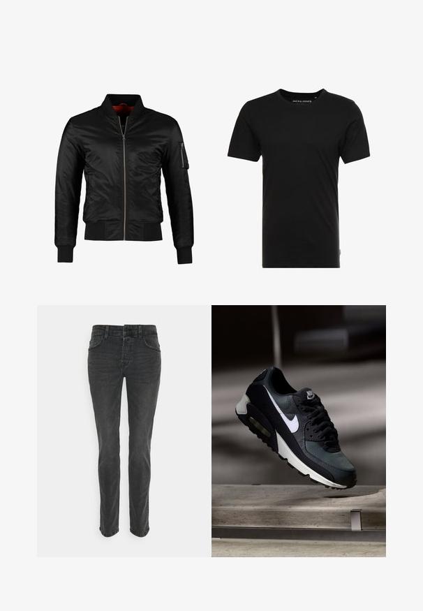 Veste bomber noire en nylon brillant avec une fermeture éclair à l'avant, des poignets côtelés et une poche zippée sur la manche gauche. L'intérieur est de couleur rouge vif.; T-shirt noir à manches courtes en coton, avec un col rond et une étiquette logo discrète sur le côté. Design simple et polyvalent.; Jeans en denim noir avec une coupe droite, cinq poches et des coutures discrètes. Le tissu a une finition lisse et légèrement texturée.; Baskets Nike Air Max noires et grises avec un logo blanc, suspendues au-dessus d'une surface en béton sur un fond sombre flou.