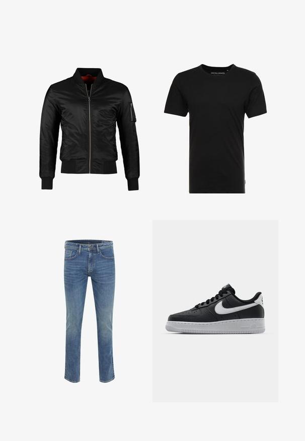 Veste bomber noire en nylon brillant avec une fermeture éclair à l'avant, des poignets côtelés et une poche zippée sur la manche gauche. L'intérieur est de couleur rouge vif.; T-shirt noir à manches courtes en coton, avec un col rond et une étiquette logo discrète sur le côté. Design simple et polyvalent.; Jean en denim bleu coupe slim, doté de cinq poches, fermeture avant à boutons et légère décoloration pour texture et détails.; Baskets en cuir noir avec surface texturée, swoosh Nike blanc, semelle grise, bout rond et design à lacets. Comprend des perforations sur la boîte à orteils.