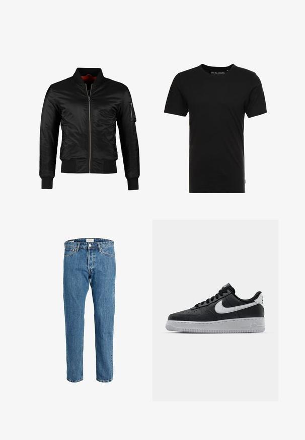 Veste bomber noire en nylon brillant avec une fermeture éclair à l'avant, des poignets côtelés et une poche zippée sur la manche gauche. L'intérieur est de couleur rouge vif.; T-shirt noir à manches courtes en coton, avec un col rond et une étiquette logo discrète sur le côté. Design simple et polyvalent.; Jean en denim bleu clair à coupe droite, avec poches avant et coutures contrastées. La taille comprend une fermeture par bouton.; Baskets en cuir noir avec surface texturée, swoosh Nike blanc, semelle grise, bout rond et design à lacets. Comprend des perforations sur la boîte à orteils.