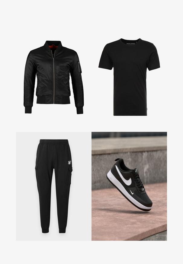 Chaqueta bomber negra hecha de nylon brillante con cierre frontal, puños acanalados y un bolsillo con cremallera en la manga izquierda. El interior es de un rojo brillante.; Camiseta de manga corta negra hecha de algodón, con cuello redondo y una sutil etiqueta de logo en el costado. Diseño simple y versátil.; Pantalones cargo negros fabricados en un tejido suave, con una cinturilla elástica, bolsillos laterales y un logo discreto en el muslo. Diseño de corte recto.; Zapatilla Nike Air Force 1 en blanco y negro suspendida sobre una superficie de concreto rosa con un fondo de piedra gris.