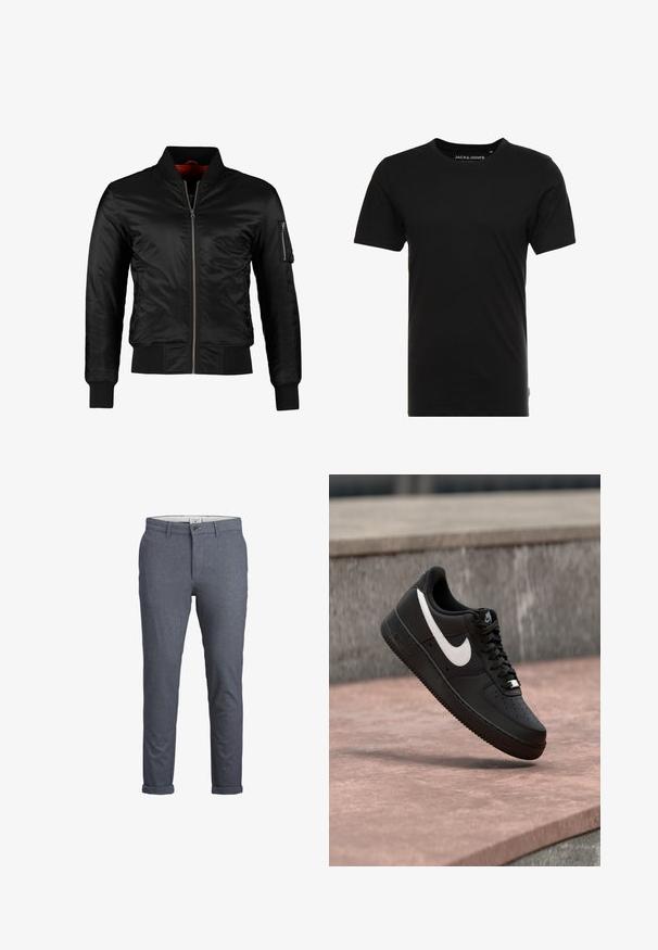 Sort bomberjakke lavet af skinnende nylon med frontlynlås, ribbede manchetter og en lynlåslomme på venstre ærme. Indersiden er lys rød.; Sort t-shirt med korte ærmer lavet af bomuld, med rund hals og en diskret logoetiket på siden. Simpelt og alsidigt design.; Herremodelleret bukser i mørkeblå hørmønster, med knaplukning, elegant design og op-rullede manchetter. Fremstillet af letvægtsstof.; Sort Nike Air Force 1-sneaker med hvid swoosh-logo, svævende over en stenovertflade med en grå tekstureret væg i baggrunden.