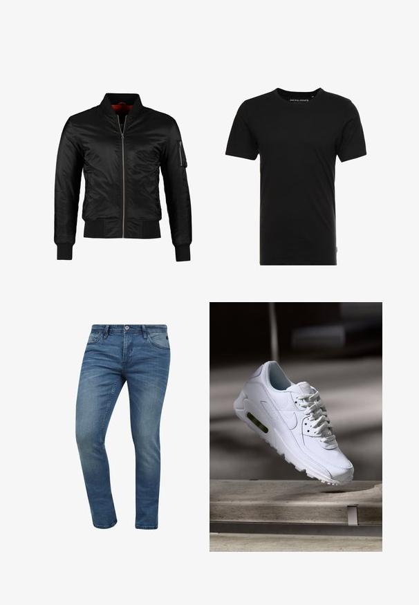 Sort bomberjakke lavet af skinnende nylon med frontlynlås, ribbede manchetter og en lynlåslomme på venstre ærme. Indersiden er lys rød.; Sort t-shirt med korte ærmer lavet af bomuld, med rund hals og en diskret logoetiket på siden. Simpelt og alsidigt design.; Tætsiddende blå denim jeans med en falmet vask, fem lomme-design og lukning med metalknap. Stoffet har en let tekstur og syninger.; Hvide lædersneakers med teksturerede overflader, polstret krave og synlig luftpolstring i sålen. Har snørrebånd og et minimalistisk design.
