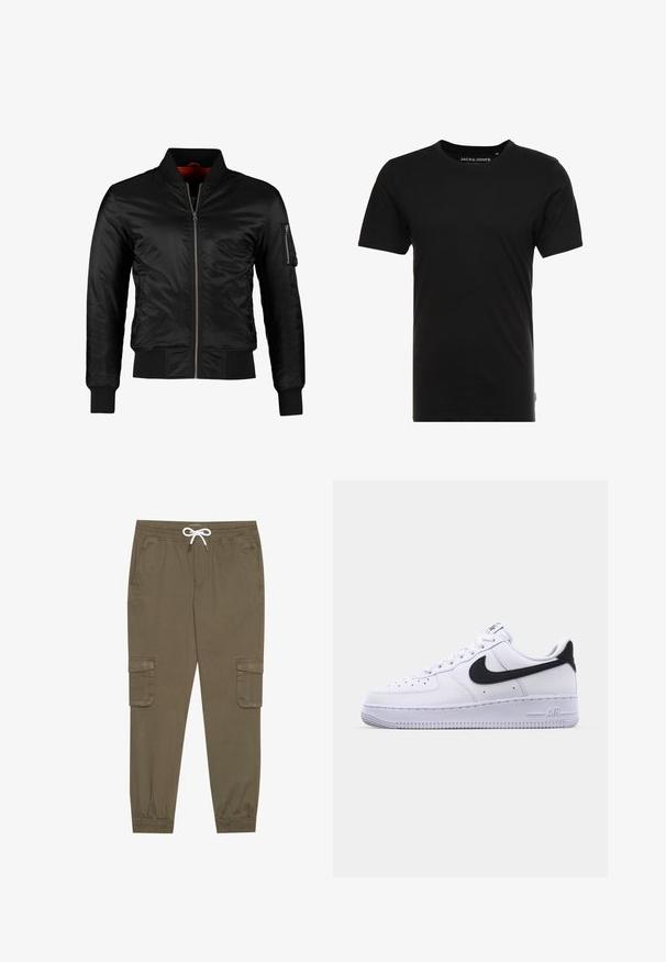 Chaqueta bomber negra hecha de nylon brillante con cierre frontal, puños acanalados y un bolsillo con cremallera en la manga izquierda. El interior es de un rojo brillante.; Camiseta de manga corta negra hecha de algodón, con cuello redondo y una sutil etiqueta de logo en el costado. Diseño simple y versátil.; Pantalones cargo caqui con cintura elástica y cordón, que cuentan con bolsillos laterales y tobillos ajustados. Fabricados en un material ligero y texturizado.; Zapatilla blanca de cuero con un Swoosh negro texturizado, cordones planos y una suela de goma con un patrón estriado. "AIR" está grabado en el talón.