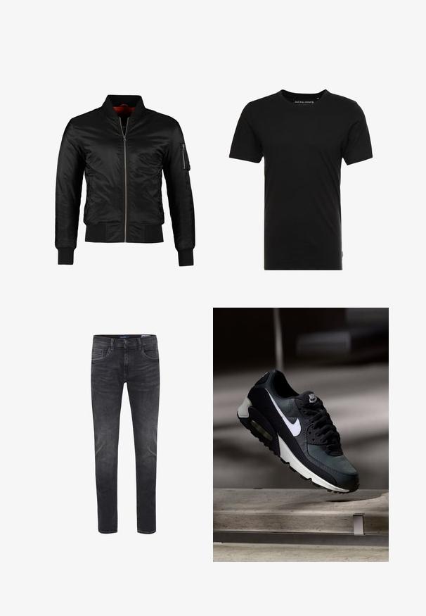 Sort bomberjakke lavet af skinnende nylon med frontlynlås, ribbede manchetter og en lynlåslomme på venstre ærme. Indersiden er lys rød.; Sort t-shirt med korte ærmer lavet af bomuld, med rund hals og en diskret logoetiket på siden. Simpelt og alsidigt design.; Smal pasform herre mørkegrå vaskede jeans med for- og baglommer, knaplukning og bæltestropper.; Sort og grå Nike Air Max sneaker med hvid swoosh, ophængt over en betongulv mod en sløret mørk baggrund.