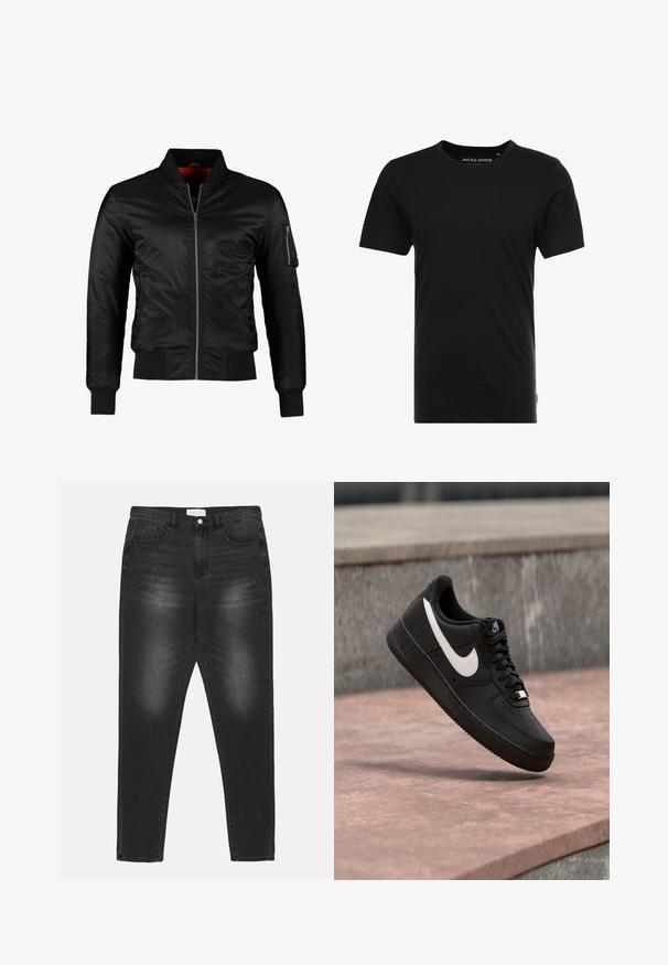 Veste bomber noire en nylon brillant avec une fermeture éclair à l'avant, des poignets côtelés et une poche zippée sur la manche gauche. L'intérieur est de couleur rouge vif.; T-shirt noir à manches courtes en coton, avec un col rond et une étiquette logo discrète sur le côté. Design simple et polyvalent.; Jean en denim noir avec un effet délavé, taille haute, design à cinq poches et accessoires en métal argenté. Coupe droite avec des détails de surpiqûres contrastées.; Basket Nike Air Force 1 noire avec logo swoosh blanc flottant au-dessus d'une surface en pierre et d'un mur texturé gris en arrière-plan.