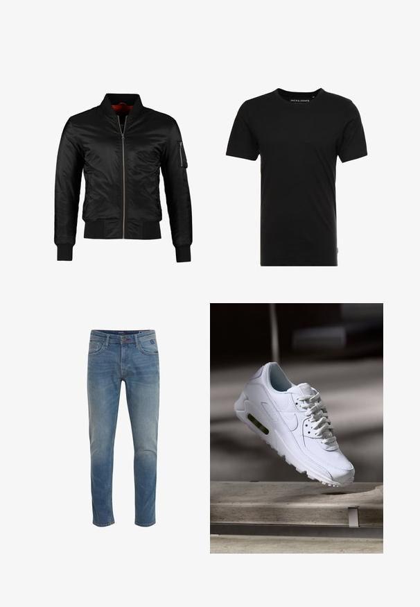 Schwarze Bomberjacke aus glänzendem Nylon mit einem Frontreißverschluss, gerippten Bündchen und einer Reißverschlusstasche am linken Ärmel. Das Innenfutter ist leuchtend rot.; Schwarzes T-Shirt mit kurzen Ärmeln aus Baumwolle, mit einem Rundhalsausschnitt und einem dezenten Logo-Tag an der Seite. Einfaches und vielseitiges Design.; Klassische blaue Jeans aus Denim mit geradem Bein, heller Waschung, fünf Taschen und dezenten Whiskering-Details. Mit Metallknopf und Reißverschluss versehen.; Weiße Lederturnschuhe mit strukturierten Oberflächen, gepolstertem Kragen und sichtbarer Luftpolsterung in der Sohle. Verfügt über Schnürsenkel und ein minimalistisches Design.