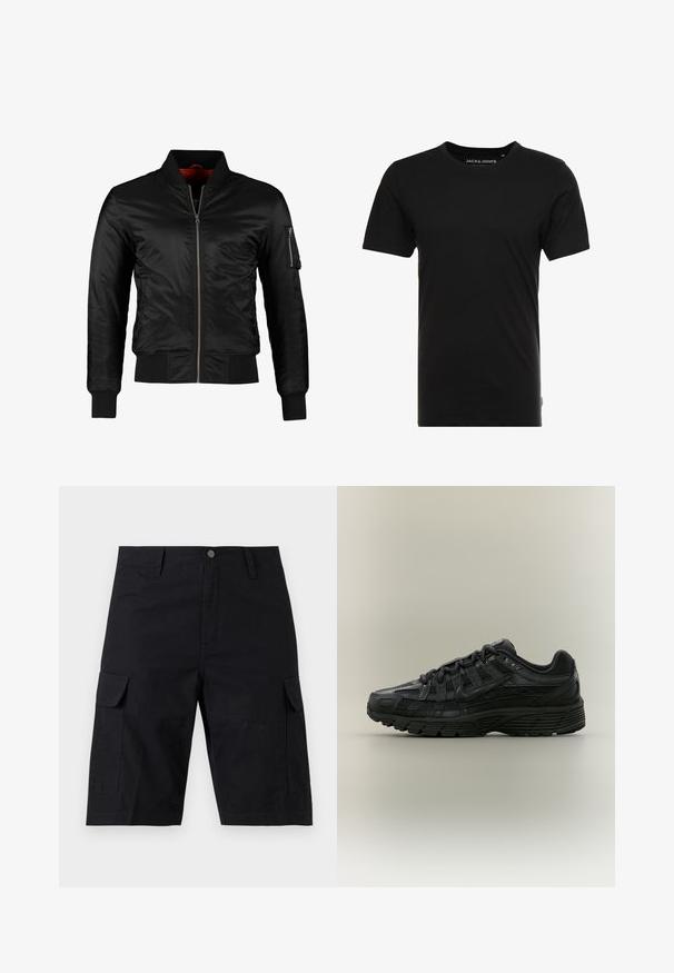 Veste bomber noire en nylon brillant avec une fermeture éclair à l'avant, des poignets côtelés et une poche zippée sur la manche gauche. L'intérieur est de couleur rouge vif.; T-shirt noir à manches courtes en coton, avec un col rond et une étiquette logo discrète sur le côté. Design simple et polyvalent.; Short cargo noir longueur genou avec fermeture par bouton à l'avant, passants de ceinture et poches à rabat de chaque côté.; Chaussure de course Nike noire avec tige en mesh et synthétique, fermeture à lacets et semelle texturée, vue de côté gauche sur fond uni.