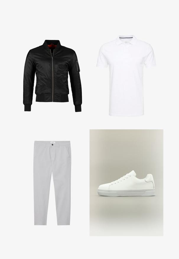 Veste bomber noire en nylon brillant avec une fermeture éclair à l'avant, des poignets côtelés et une poche zippée sur la manche gauche. L'intérieur est de couleur rouge vif.; Polo shirt blanc en coton, avec un col traditionnel, des manches courtes et une patte de boutonnage à trois boutons, avec des accents navy discrets à l'intérieur.; Pantalons gris clair en tissu doux, avec une coupe ajustée, deux poches avant, une fermeture à bouton et des détails de texture subtils.; Baskets basses blanches à lacets, doté d'un col rembourré et d'une semelle en caoutchouc texturée, présentées de profil sur un fond neutre.