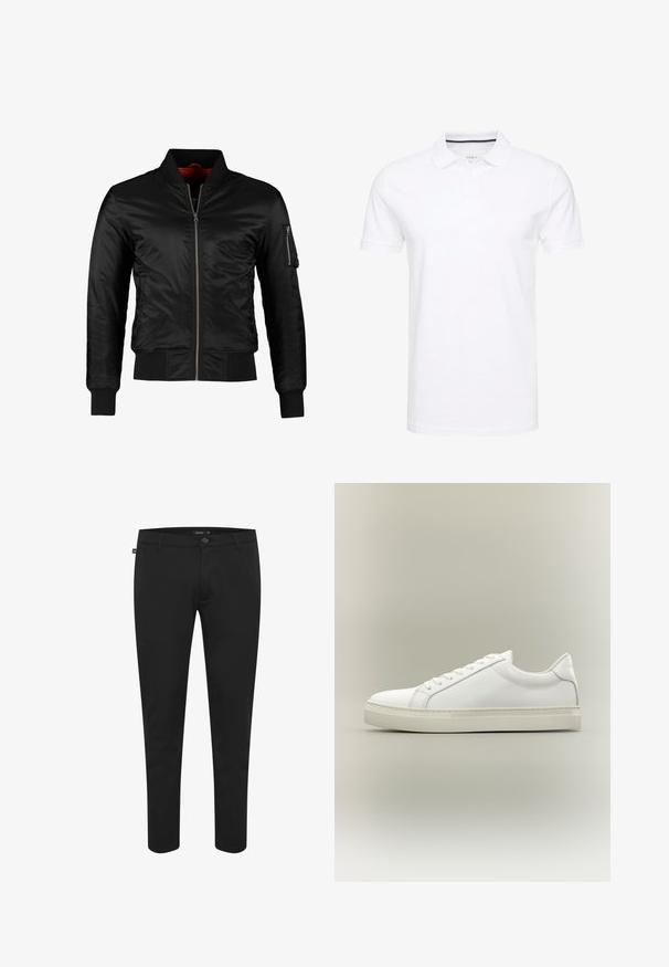 Chaqueta bomber negra hecha de nylon brillante con cierre frontal, puños acanalados y un bolsillo con cremallera en la manga izquierda. El interior es de un rojo brillante.; Camisa polo blanca de algodón, con un cuello tradicional, mangas cortas y tapeta de tres botones con sutiles detalles en azul marino en el interior.; Pantalones negros de tela suave. Cuentan con un cierre de botón, pasadores para cinturón y un diseño ajustado con perneras estrechas. Sin patrones visibles.; Zapatilla blanca de perfil bajo con cordones en la parte delantera y suela gruesa, mostrada de lado sobre un fondo neutro.