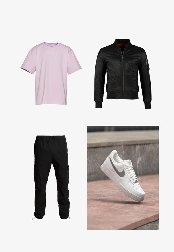 Sort bomberjakke lavet af skinnende nylon med frontlynlås, ribbede manchetter og en lynlåslomme på venstre ærme. Indersiden er lys rød.; Lavendel kortærmet t-shirt lavet af bomuld, med et hvidt logo på brystet, afslappet pasform og rund halsudskæring.; Sorte cargobukser lavet af slidstærkt stof, med elastisk talje, justerbare snore og sidelommer med klaplukninger.; Hvid Nike Air Force 1 sneaker med gråt swoosh-logo svævende over en stensurface og en grå stenvæg i baggrunden.