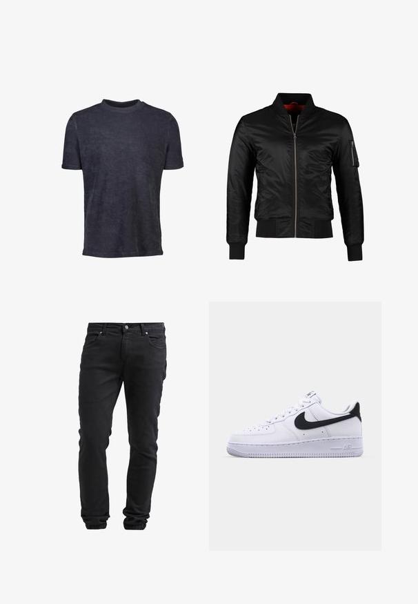 Zwarte bomberjack gemaakt van glanzend nylon met een ritssluiting aan de voorkant, ribgebreide manchetten en een ritszak op de linkermouw. De binnenkant is felrood.; Donkerblauw t-shirt met korte mouwen gemaakt van zachte stof. Heeft een ronde hals en een gladde textuur, met minimale details.; Zwarte slim-fit jeans met knoop- en ritssluiting, vijf zakken en elastische boorden bij de enkels.; Witte leren sneaker met een gestructureerde zwarte Swoosh, platte veters en een rubberen zool met een geribbeld patroon. "AIR" is in de hak geperst.