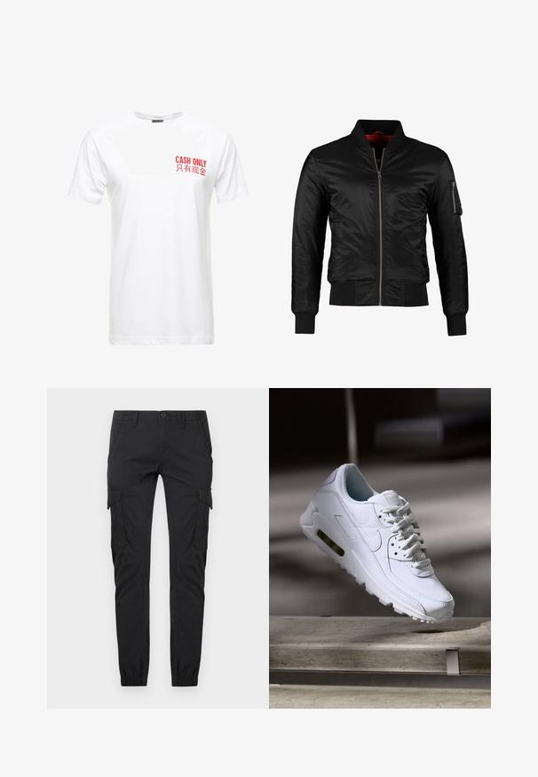 Schwarze Bomberjacke aus glänzendem Nylon mit einem Frontreißverschluss, gerippten Bündchen und einer Reißverschlusstasche am linken Ärmel. Das Innenfutter ist leuchtend rot.; Weißes Baumwoll-T-Shirt mit kurzen Ärmeln, das auf der linken Brust rot bedruckten Text mit der Aufschrift "NUR BARZAHLUNG" und seiner chinesischen Entsprechung zeigt.; Schwarze Slim-Fit-Cargohosen mit Vordertaschen, seitlichen Klappentaschen, Gürtelschlaufen, Knopfverschluss und elastischen Bündchen an den Knöcheln.; Weiße Lederturnschuhe mit strukturierten Oberflächen, gepolstertem Kragen und sichtbarer Luftpolsterung in der Sohle. Verfügt über Schnürsenkel und ein minimalistisches Design.
