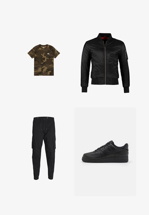 Sort bomberjakke lavet af skinnende nylon med frontlynlås, ribbede manchetter og en lynlåslomme på venstre ærme. Indersiden er lys rød.; Camo t-shirt i olivengrøn, brun og sort, korte ærmer, rund halsudskæring, med et lille hvidt logo på brystet. Blødt bomuldsstof.; Sorte cargo-bukser med elastisk talje med snøre, flere sidelommer og ophævede ankler for en tætsiddende pasform.; Nike Sportswear AIR FORCE 1 07 FLYEASE - Sneakers - black